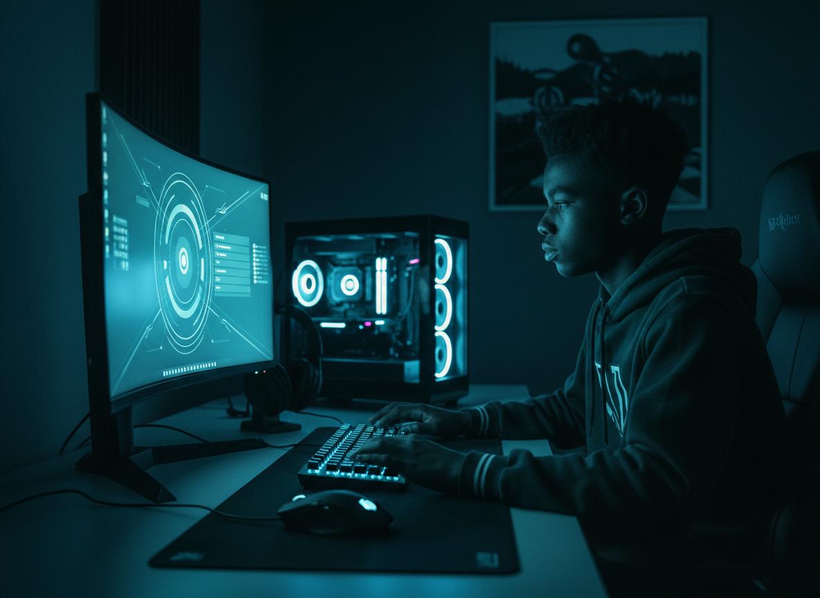 Student with gaming PC